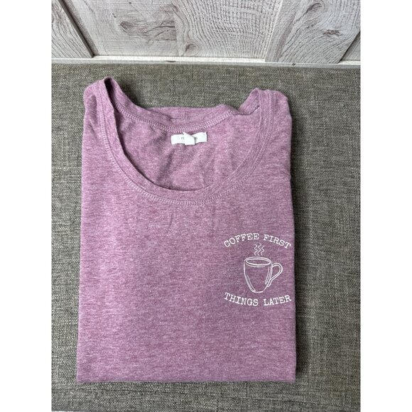 Maurices Womens Graphic Shirt L Coffee First Things Later Heathered Purple - Picture 3 of 7